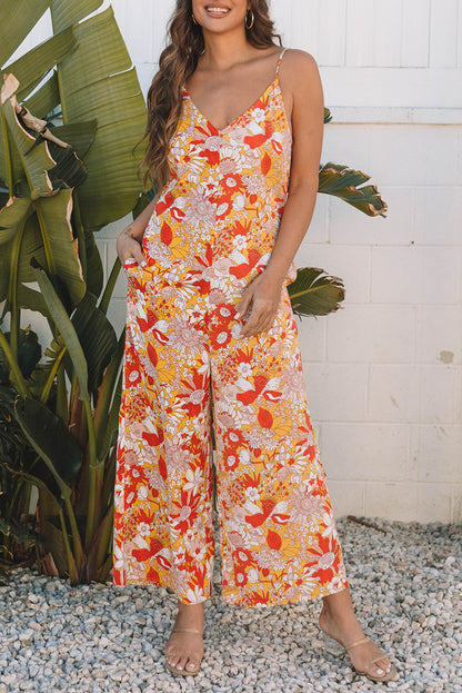 Orange Floral V Neck Wide Leg Sleeveless Jumpsuit