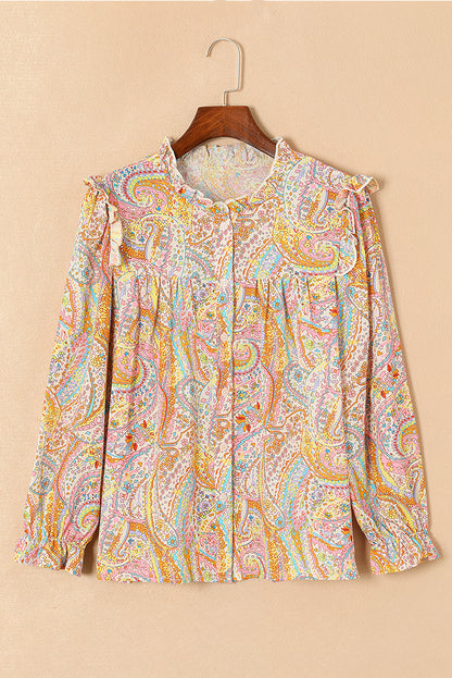 Yellow Paisley Print Ruffled Trim Boho Shirt