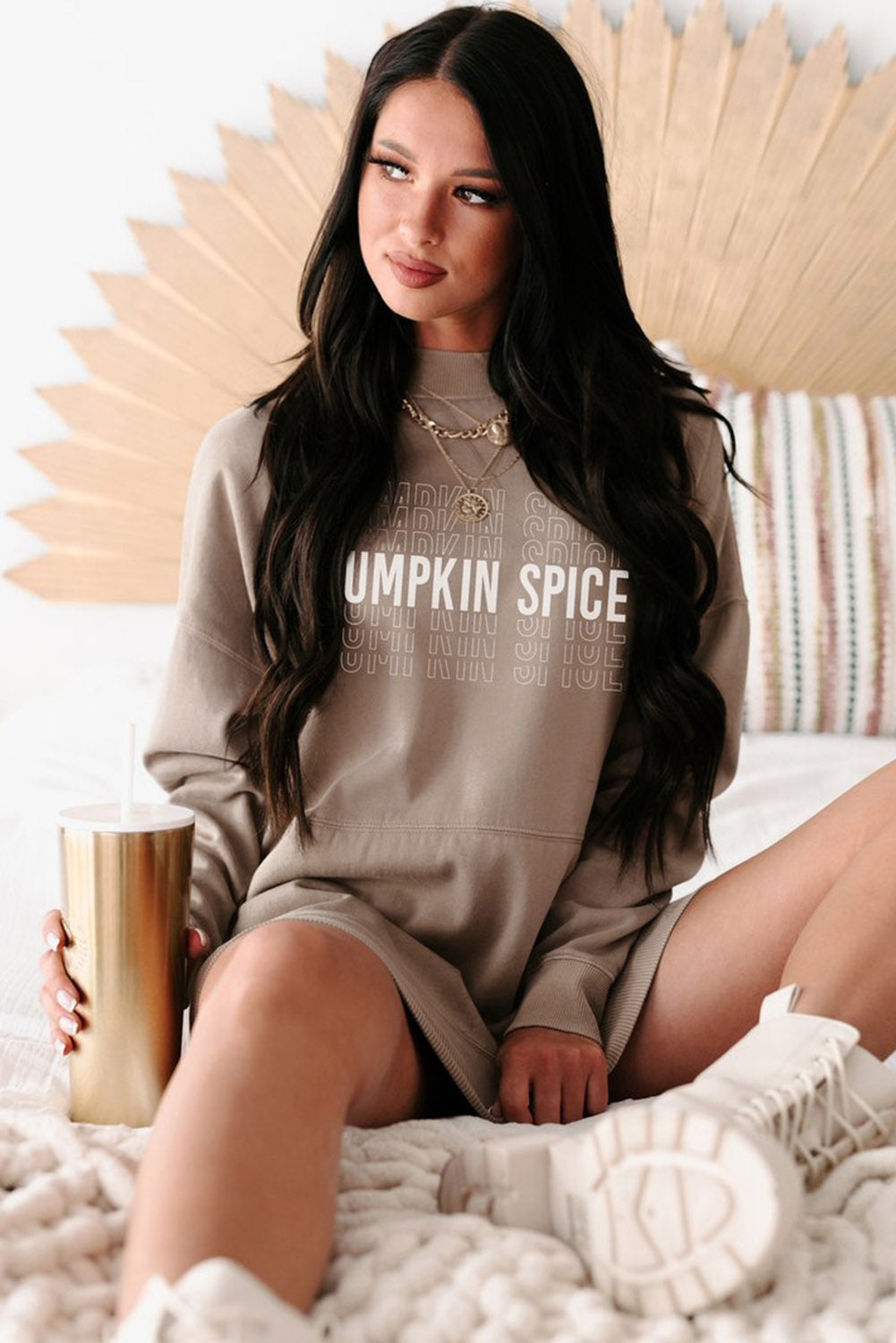 Khaki Pumpkin Spice Print Ribbed Trim Sweatshirt Dress