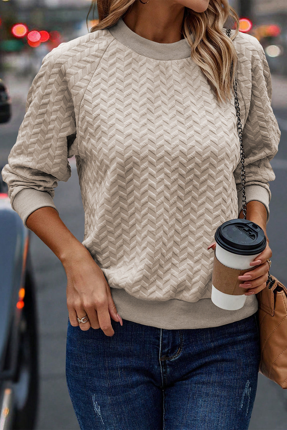 Beige Solid Textured Raglan Sleeve Pullover Sweatshirt