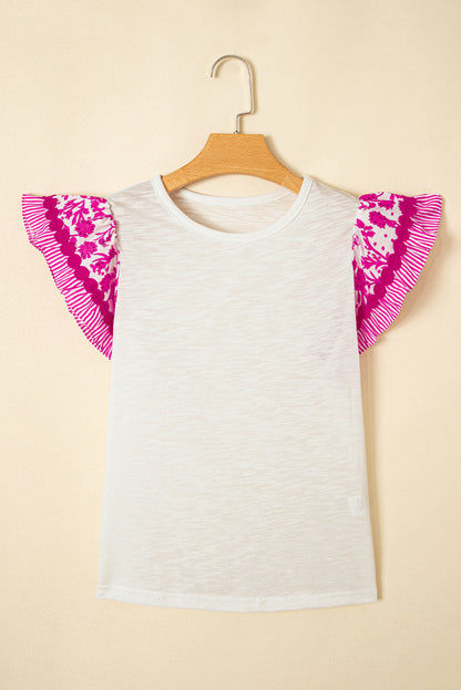 Rose Ricrac Trim Printed Flutter Sleeve Contrast Patchwork Blouse