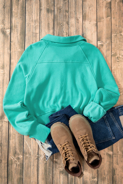 Sea Green Fleece Lined Zip Up Stand Collar Thumbhole Sleeve Sweatshirt