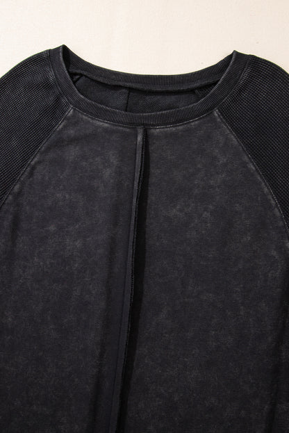 Black Solid Waffle Knit Patchwork Raglan Sleeve Sweatshirt