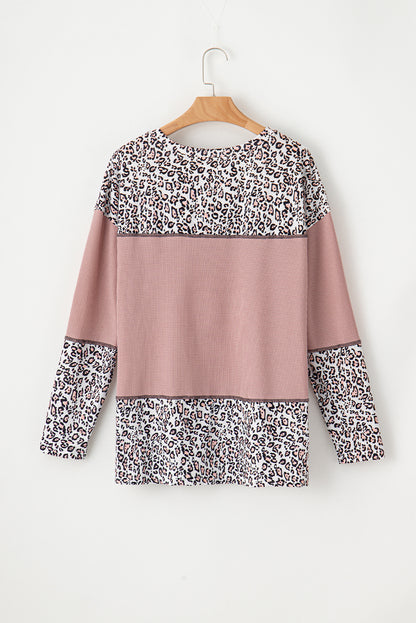 Light Pink Leopard Print Waffle Knit Patchwork Top