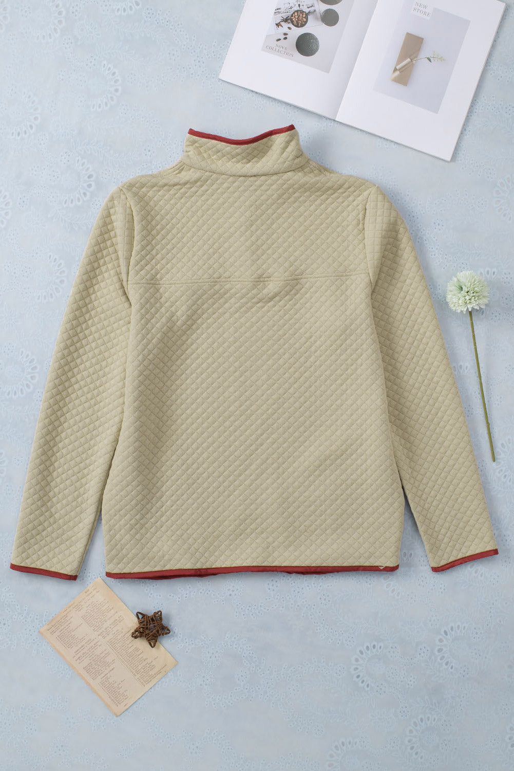 Beige Contrast Binding Snap Button Geometric Pullover Sweatshirt