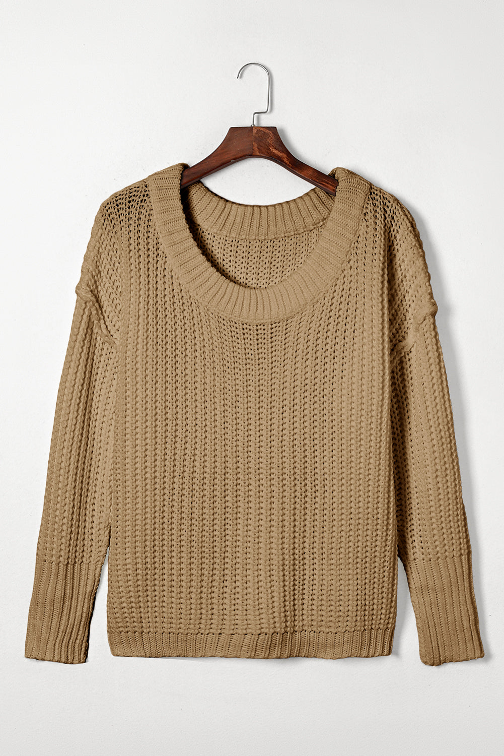 Khaki Ribbed Knit Round Neck Slouchy Chunky Sweater