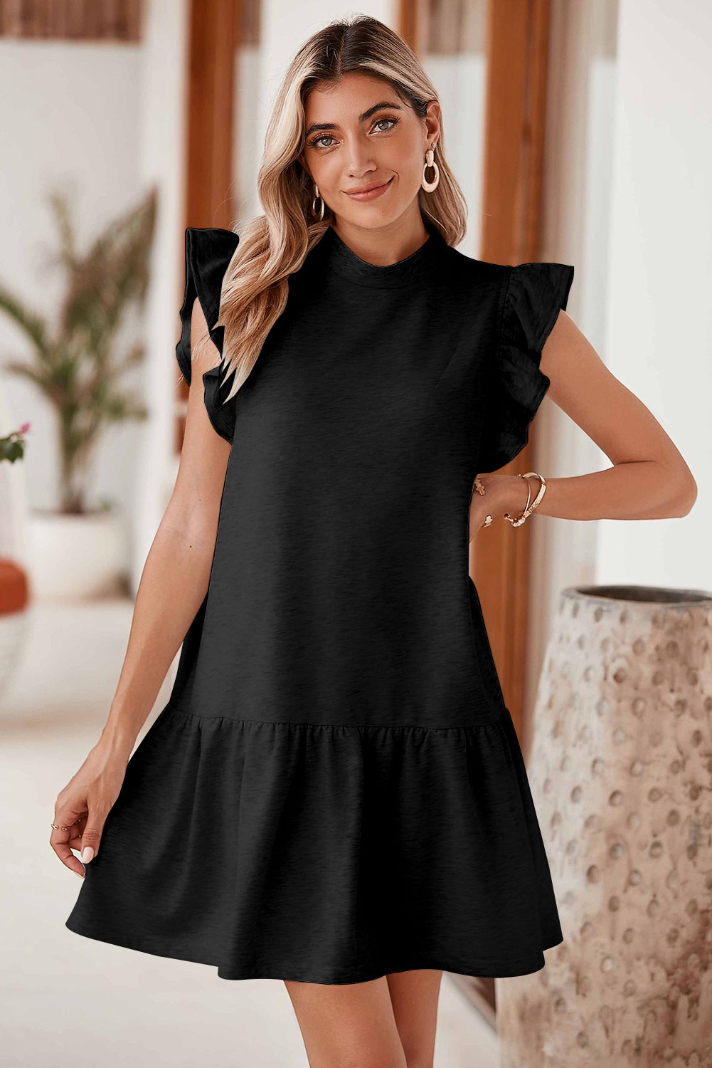 Black Flutter Sleeve Crew Neck Shift Dress