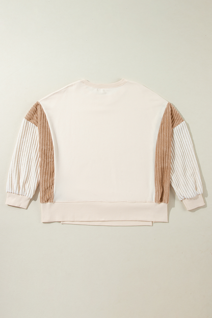 Apricot Corduroy Patchwork Drop Shoulder Long Sleeve Sweatshirt