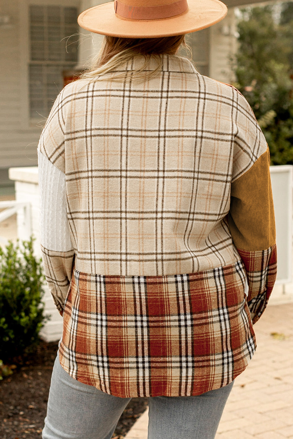 Golden Apricot Plus Size Plaid Patchwork Button up Shacket