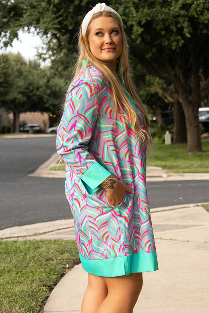 Green Plus Size Palm Pattern Long Sleeve Shift Dress