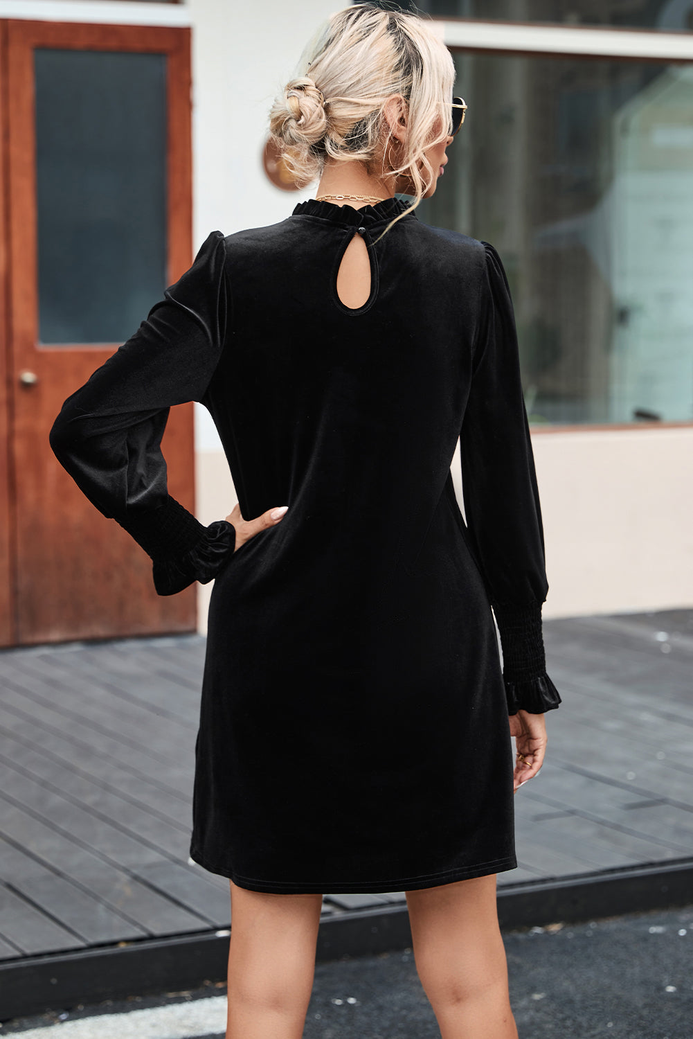 Black Velvet Frill Neck Long Sleeve Shift Dress