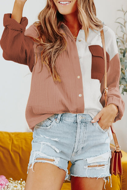 Brown Color Block Textured Long Sleeve Shirt with Pocket