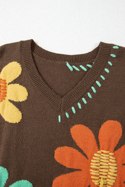 Coffee Big Flower Pattern V Neck Drop Shoulder Sweater