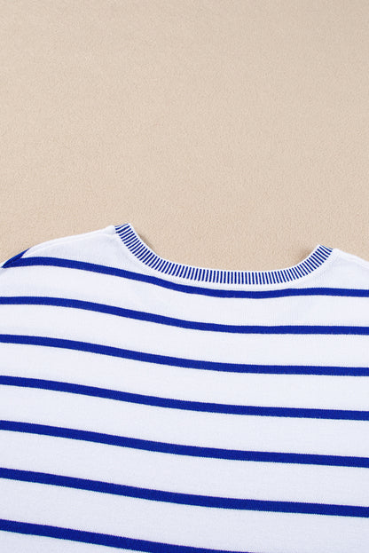 Sky Blue Stripe Knitted Bat Sleeve T Shirt