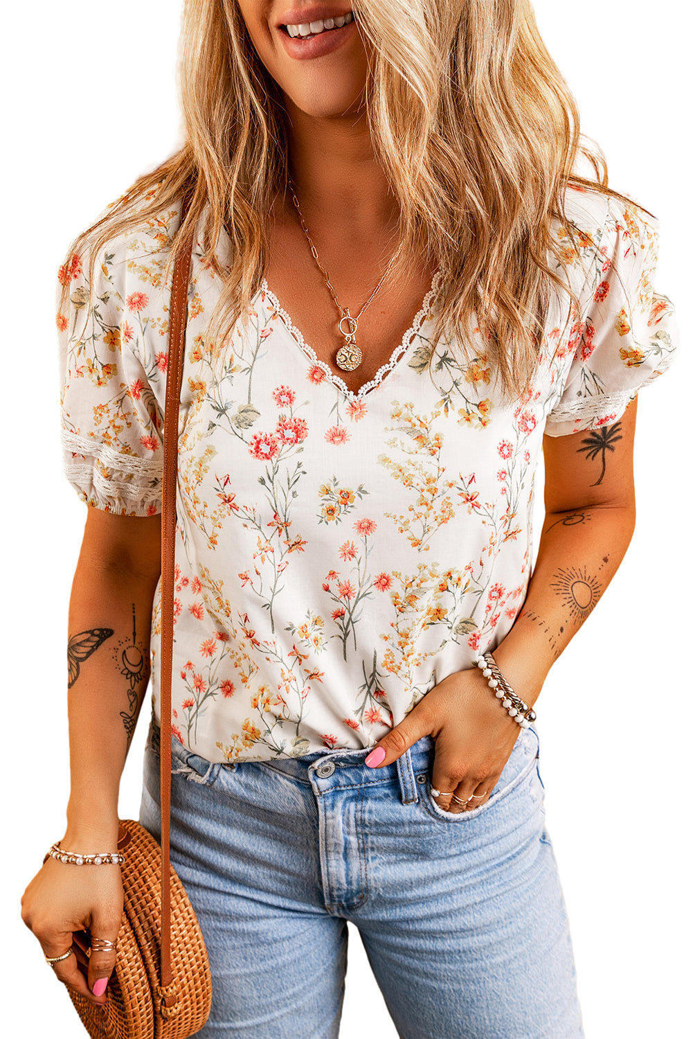 Beige Boho Floral Lace Trim Short Sleeve Blouse