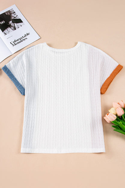 Light Blue Textured Color Block Loose Fit T Shirt