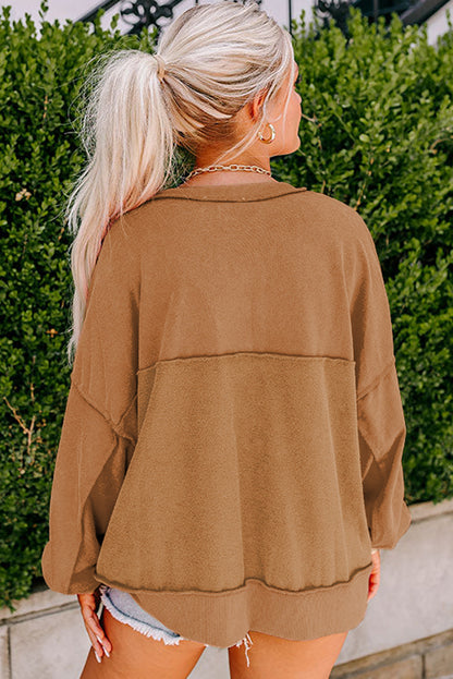 Chestnut Drop Shoulder Henley Buttons Sweatshirt