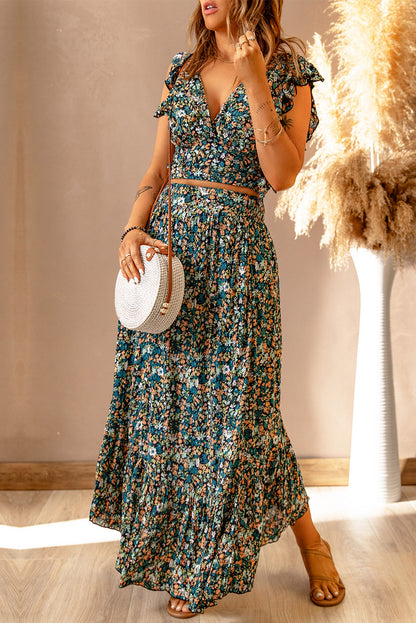 Multicolor Floral Ruffled Crop Top and Maxi Skirt Set