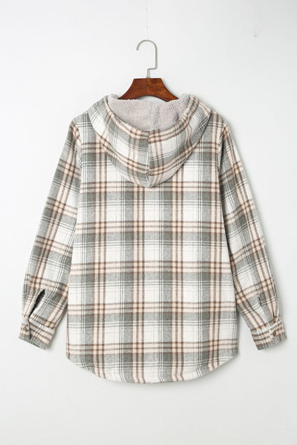 Gray Plaid Pattern Sherpa Lined Hooded Shacket