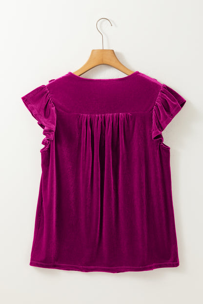 Violet Ruffled Drawstring Round Neck Velvet Blouse