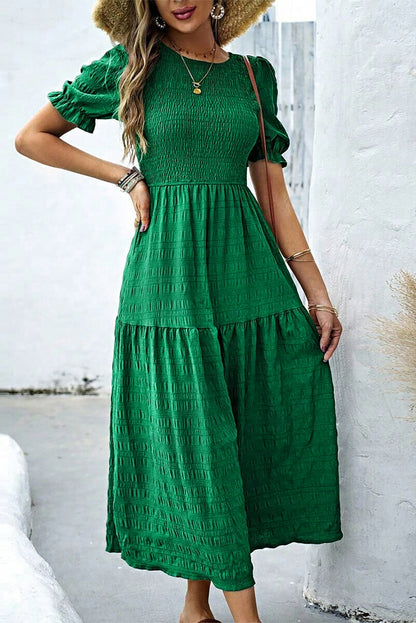 Dark Green Solid Textured Smocked Puff Short Sleeve High Waist Long Dress