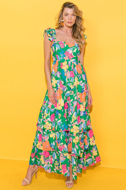 Green Floral Print Sleeveless Ruffle Tiered Maxi Dress