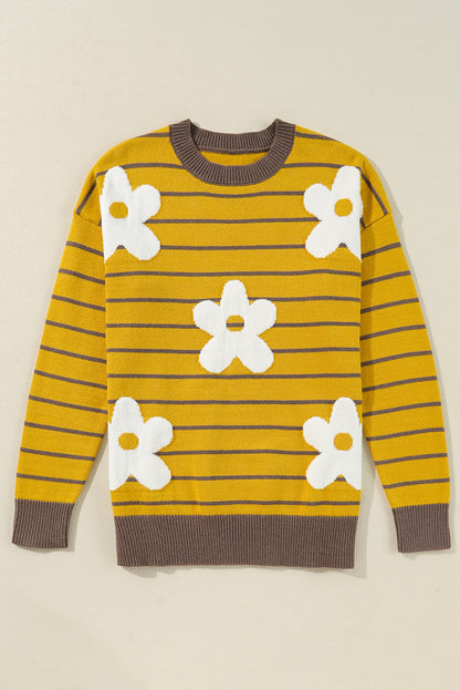 Yellow Stripe Daisy Floral Knitted Round Neck Sweater