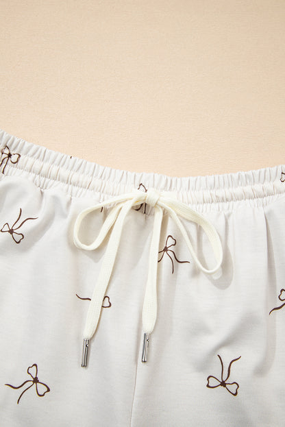 Beige Bow Print Half Zip Tank and Shorts 2pcs Set