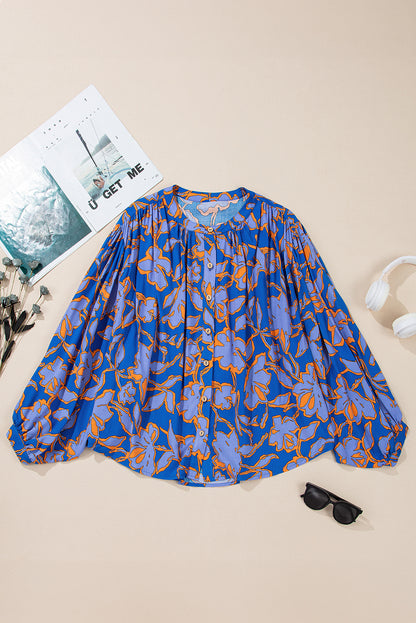 Blue Floral Print Batwing Sleeve Buttoned Loose Fit Shirt