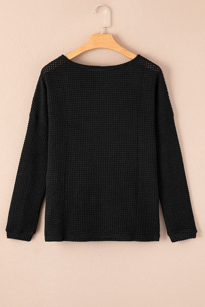 Black Waffle Knit Drop Shoulder Long Sleeve Top