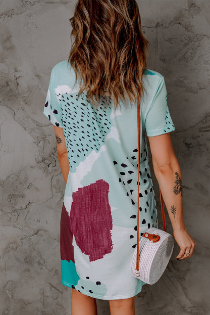 Mixed Print Round Neck T-Shirt Dress