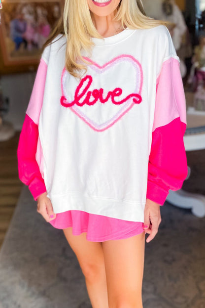 White Tinsel Love Heart Graphic Color Block Sleeve Sweatshirt