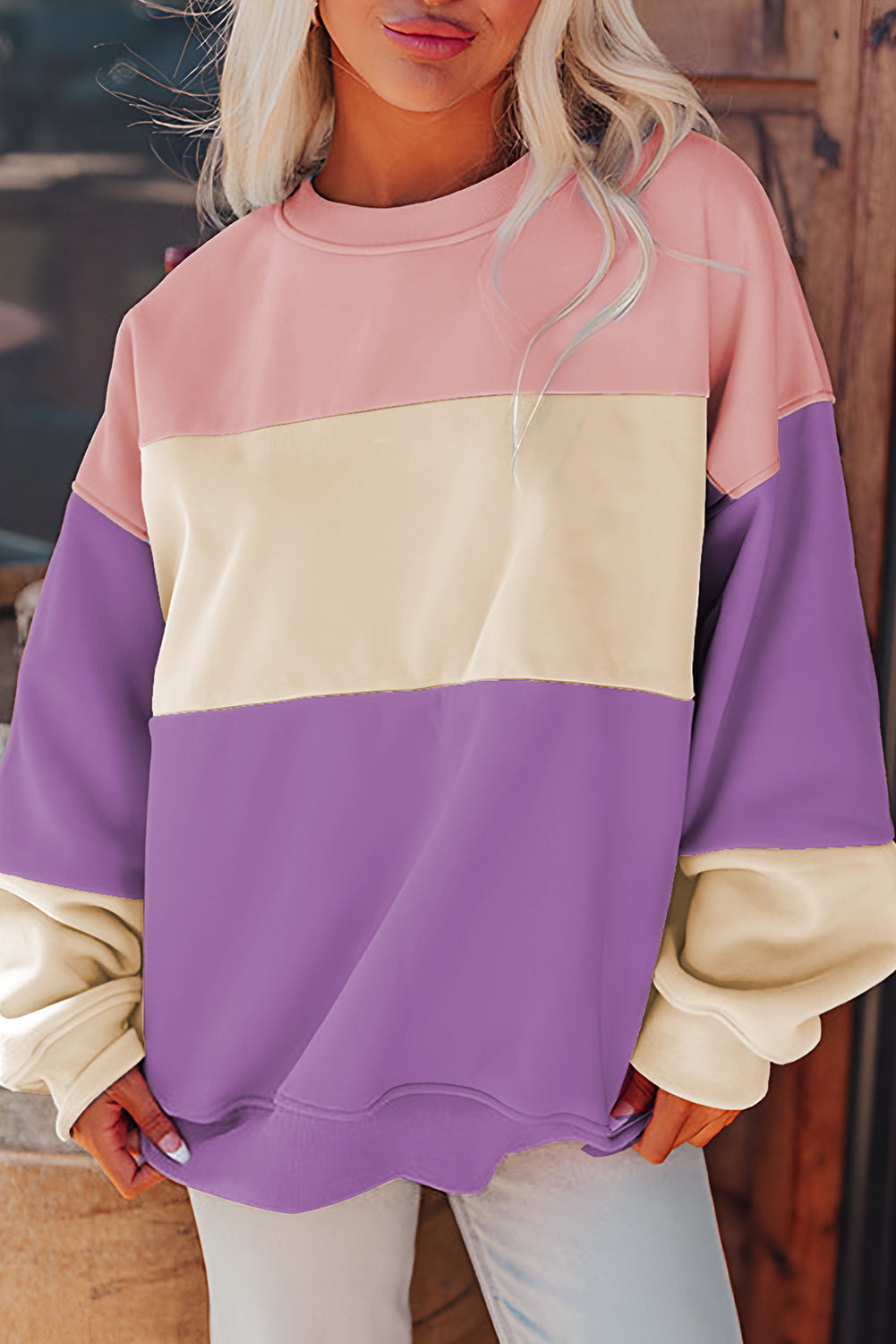 Meadow Mauve Colorblock Patchwork Drop Shoulder Sweatshirt