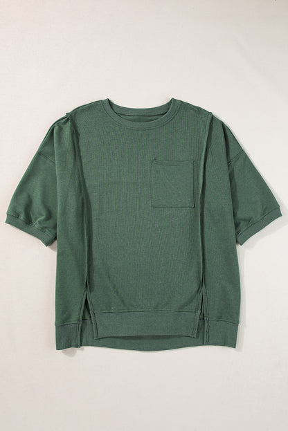 Laurel Green Exposed Seam Chest Pocket Split Loose T Shirt