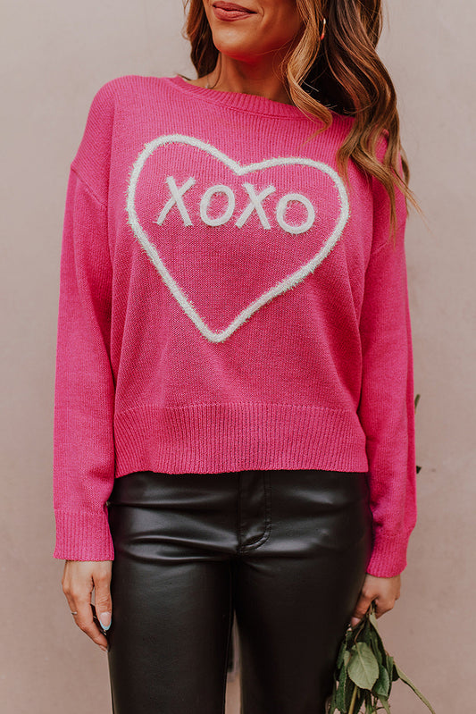 Rose Heart XOXO Pattern Drop Shoulder Rib Knit Sweater