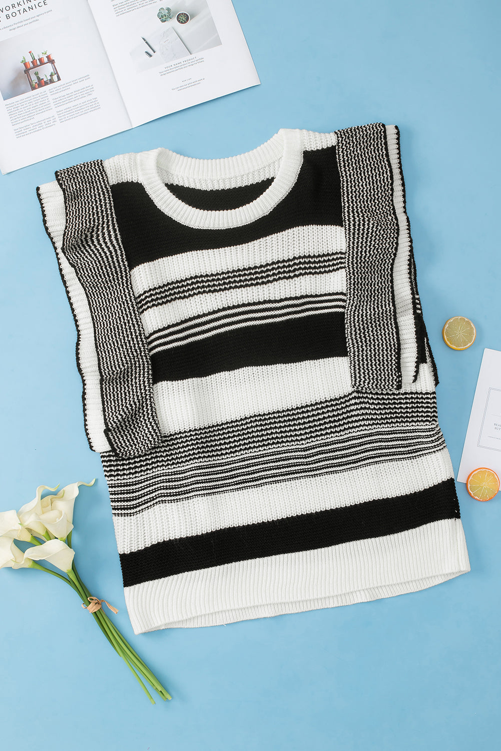 Black Plus Size Mixed Striped Print Ruffled Sweater Vest