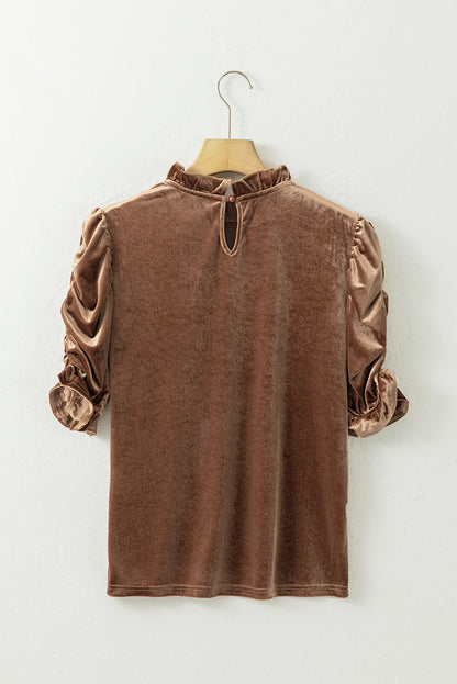 Camel Ruffled Arm Velvet Top