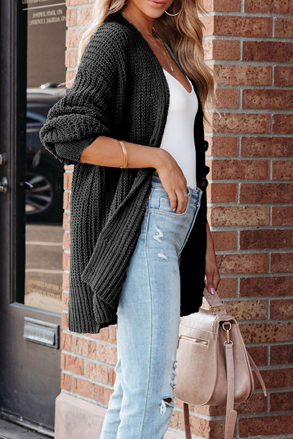 Black Buttoned Front Drop Shoulder Knitted Cardigan