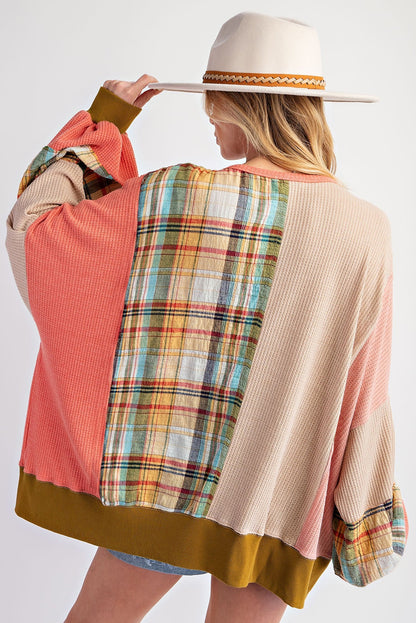 Multicolour Waffle Knit Plaid Patchwork Side Slits Loose Sweatshirt