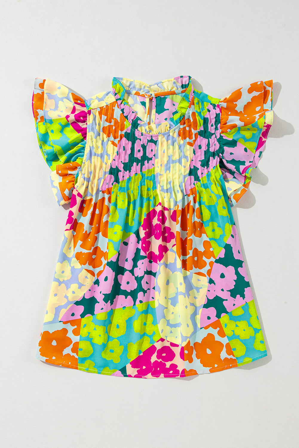 Multicolour Abstract Print Pleated Flutter Sleeve Blouse