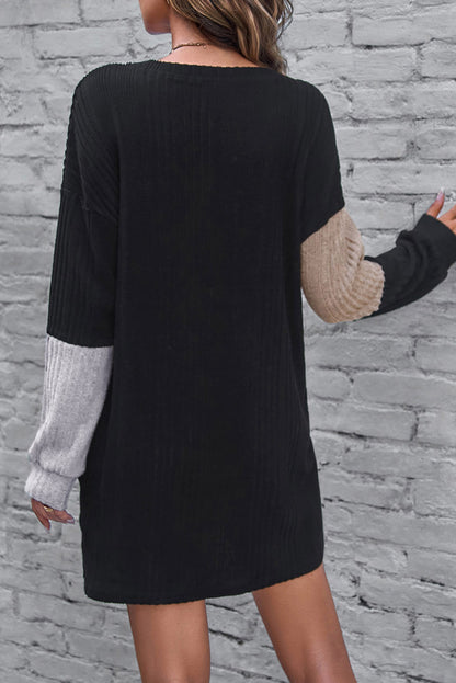 Black Ribbed Color Block Drop Shoulder Long Sleeve Mini Dress