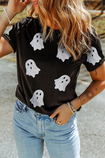 Black Glitter Ghost Pattern Crew Neck Halloween T Shirt