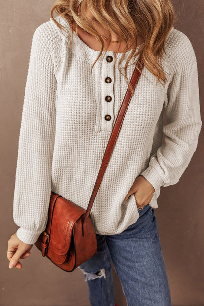 Oatmeal Waffle Knit Buttoned Front Raglan Sleeve Loose Blouse