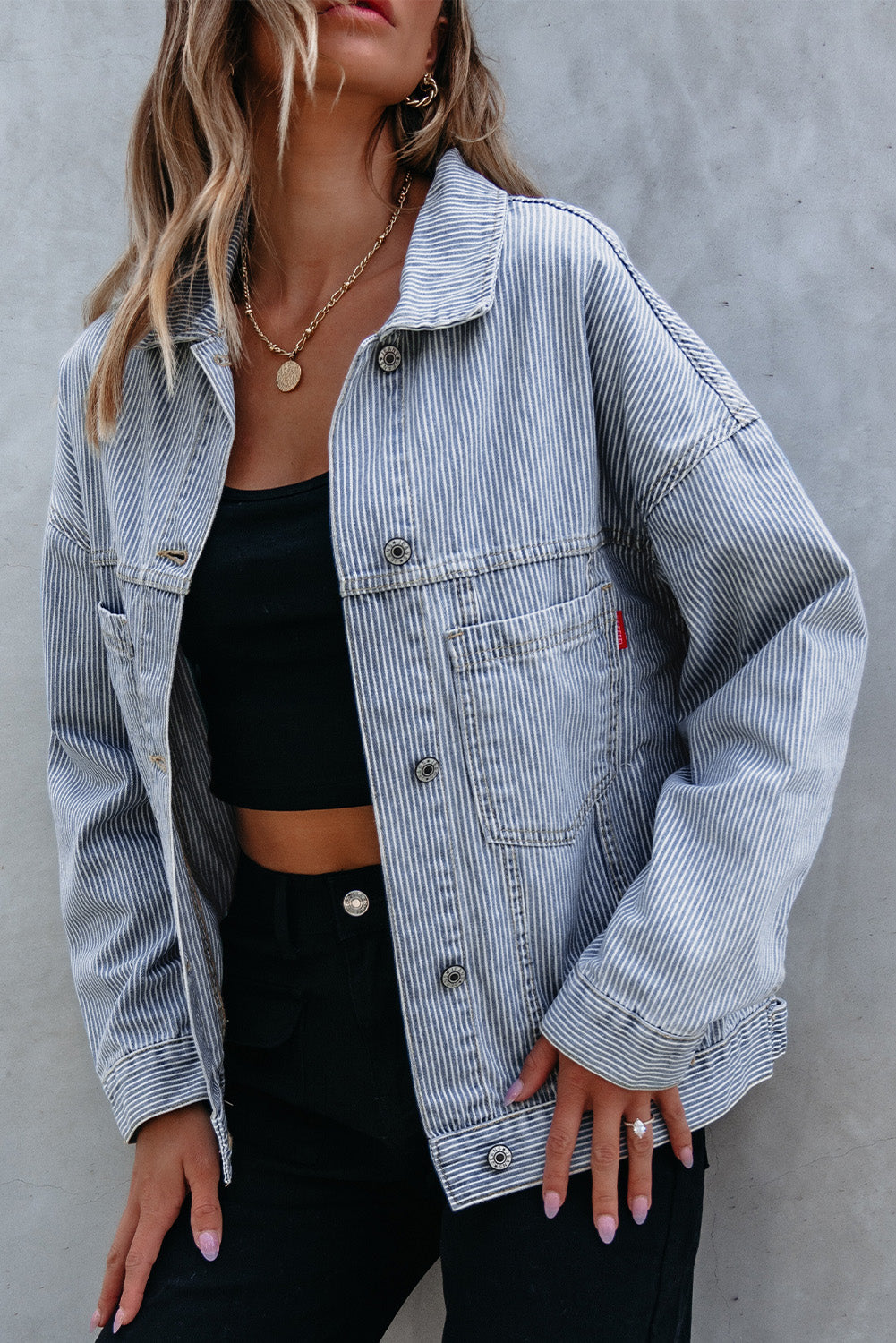 Sky Blue Stripe Washed Oversize Pocketed Denim Jacket