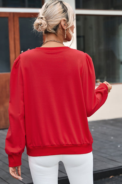 Fiery Red Button Tab Detail Long Sleeve Top