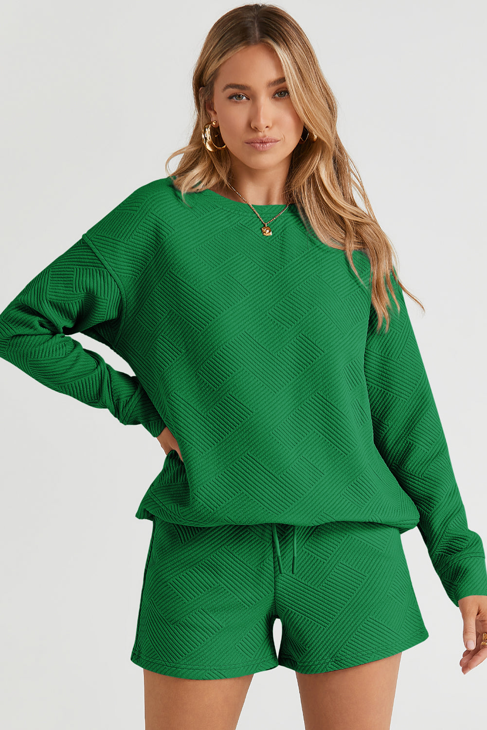 Green Textured Long Sleeve Top and Drawstring Shorts Set