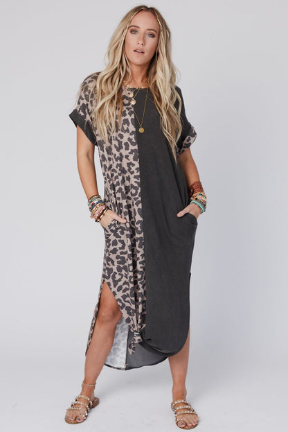 Black Contrast Solid Leopard Short Sleeve T-shirt Dress with Slits