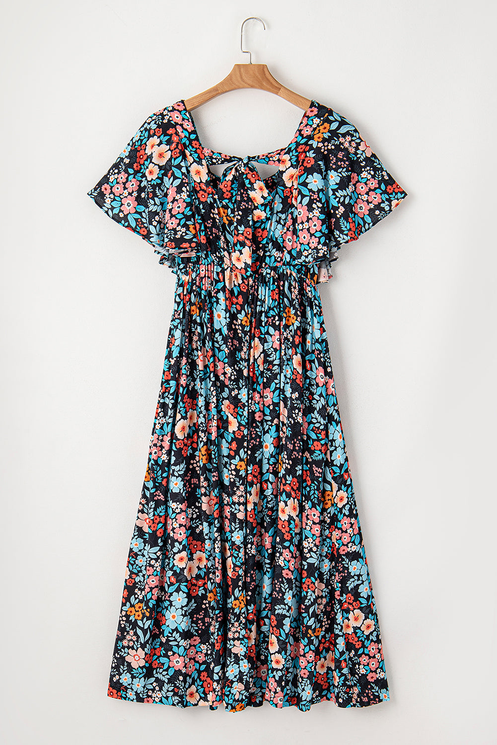 Sky Blue Floral Knotted Back Square Neck Maxi Dress