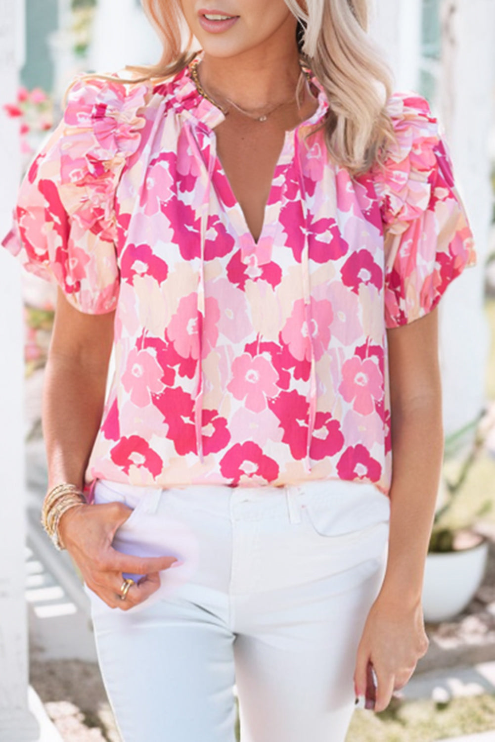 Pink Split Neck Ruffled Puff Sleeves Floral Top