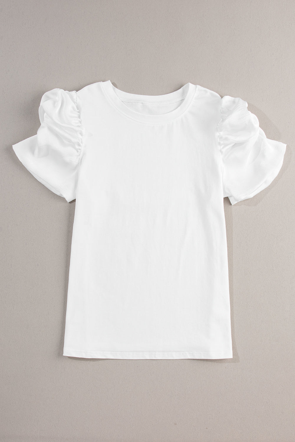 White Ruched Puff Sleeve Crew Neck Tee